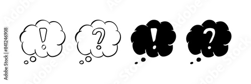 Cloud Thought Set Icons. Question and exclamation mark icons. Linear and Silhouette Styles. Vector icons.