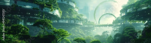 A futuristic city powered by renewable energy sources with buildings covered in vegetation, all connected in a circular pattern to illustrate a self-sustaining and boundless urban ecosystem photo