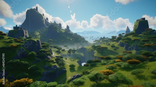 Fantasy Kingdom Landscape, Alien World Backdrop Concept, Video Game Nature Design, Tropical Floating Island App Wallpaper, Science Fiction Scifi Planet Background, 3D Digital Natural Beauty in the Day