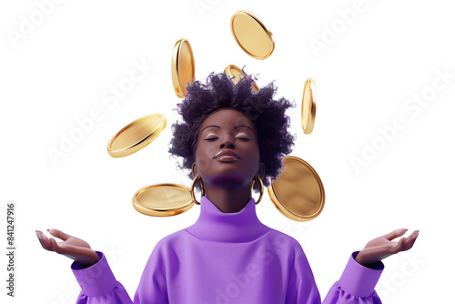 black female 3d character surrounded by coins, transparent background photo