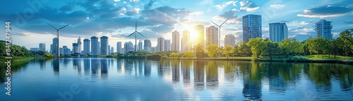 A serene lake with a city skyline in the background where renewable energy installations like wind turbines and solar panels are integrated  symbolizing the harmony between commercial development and