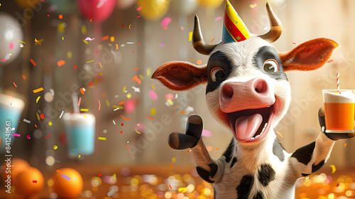 A cartoon cow wearing a party hat and sticking out its tongue
