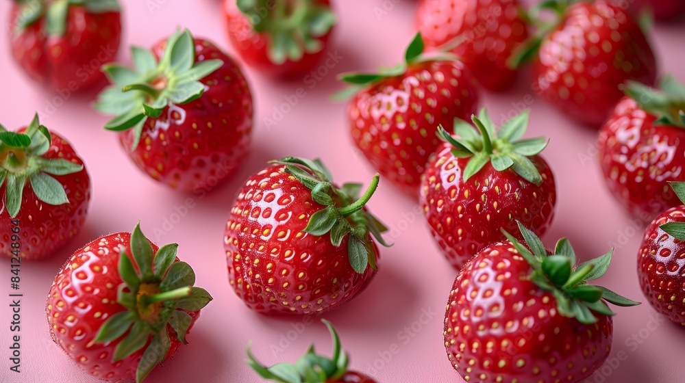 Composition with ripe red strawberries on light pink background Composition with ripe red strawberries on light pink background