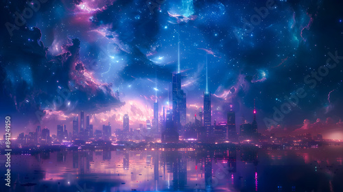 Illustration of a modern futuristic smart city concept with abstract bright lights against a blue background