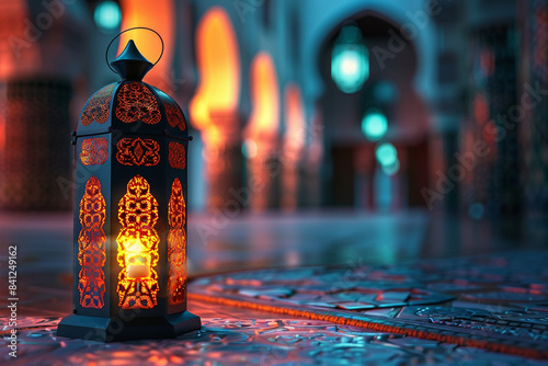 Islamic greeting Eid Mubarak cards for Muslim Holidays. Eid-Ul-Adha festival celebration.Arabic Ramadan Lantern with mosque on background. Decoration lamp AI Generative