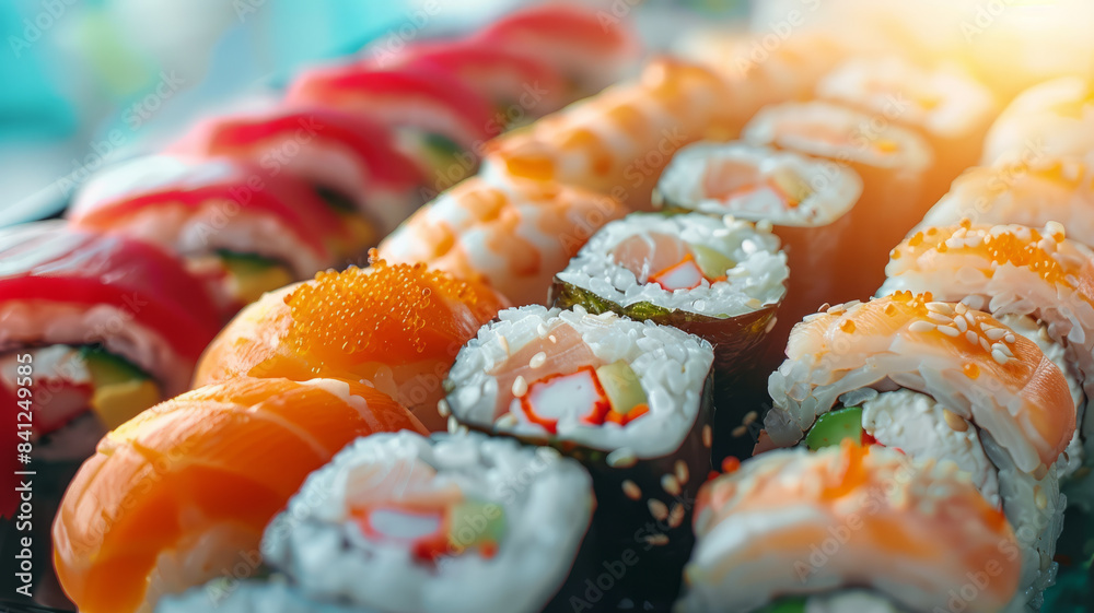 Assorted sushi rolls with various toppings on a black tray.