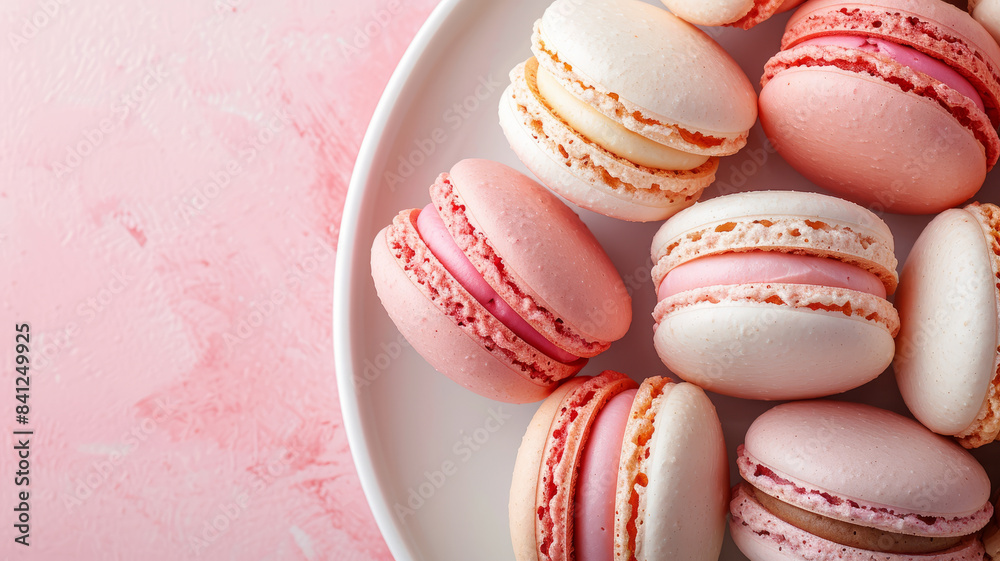 A plate of pink and white macarons on a pastel pink background. A plate of pink and white macarons on a pastel pink background.