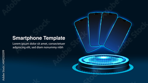 Futuristic 3D Neon Light Podium Mockup for Mobile Phones and Apps - Glowing Effect Technology Pedestal Mockup for Products, Apps and UI Banners. Vector