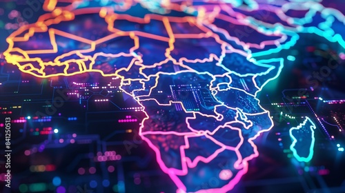 Glowing Neon Digital Map of Africa Depicting Futuristic Data Networks, Global Connectivity, Technology Systems, and Modern Communication