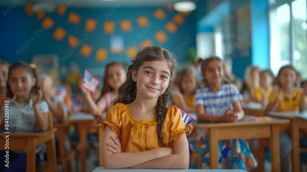 Fototapeta premium Confident Young Girl in a Classroom of Students