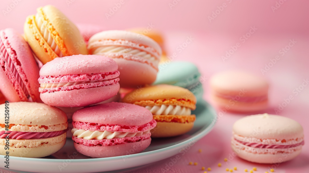 Colorful macarons arranged on a plate against a pastel background. Colorful macarons arranged on a plate against a pastel background.