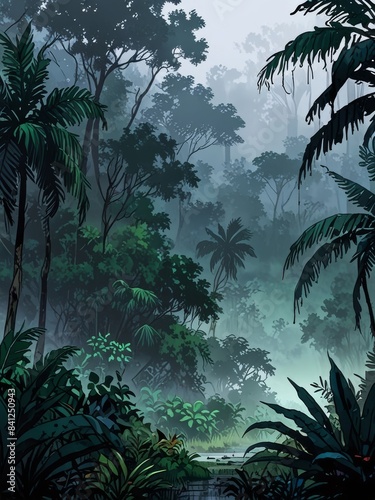 illustration of foggy rainy tropical forest