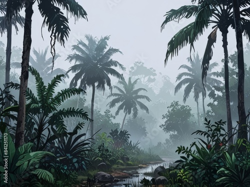 illustration of foggy rainy tropical forest