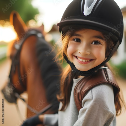 Portrait of happy girl kid at equitation lesson looking at camera while riding a horse.