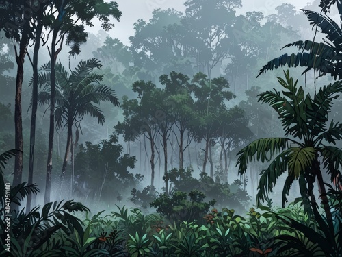 illustration of foggy rainy tropical forest