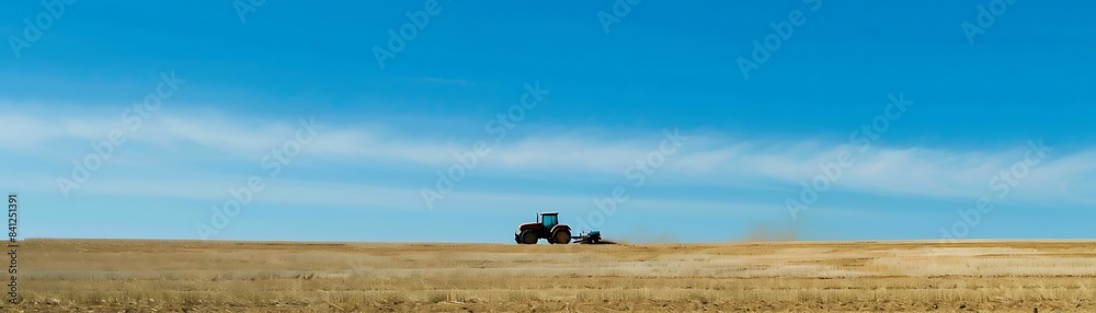 a tractor drives through a vast field under a clear blue sky with a single white cloud a tractor drives through a vast field under a clear blue sky with a single white cloud