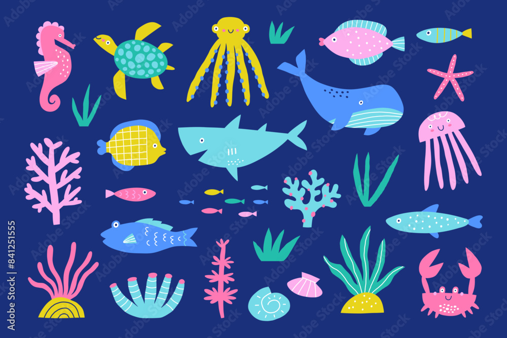 Underwater world set with fish, crab, octopus, whales, seashells, shark, aquatic plants. Underwater world set with fish, crab, octopus, whales, seashells, shark, aquatic plants.