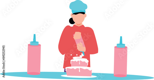 The girl is topping the cake with cream.