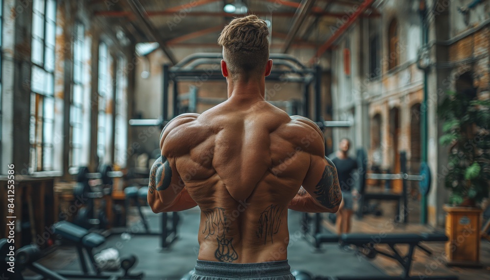 Muscular man posing in a gym setting Muscular man posing in a gym setting