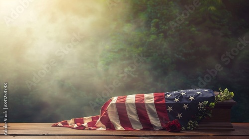 American flag draped over a coffin in a solemn setting, captured with soft lighting and a misty backdrop, symbolizing honor and remembrance. photo