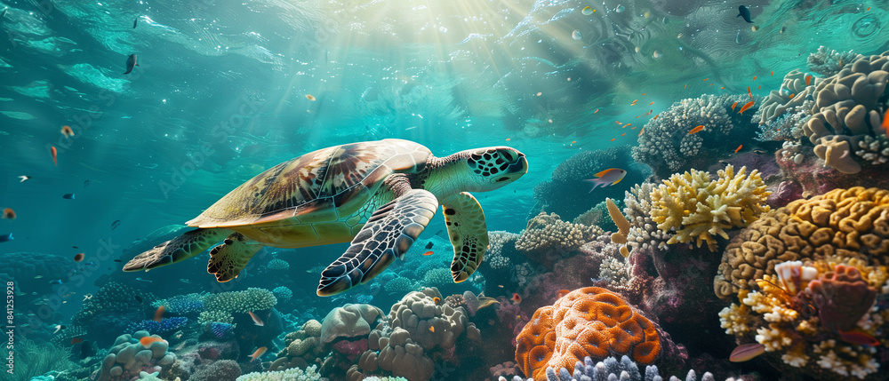Sea turtle swimming in the under sea ocean Sea turtle swimming in the under sea ocean