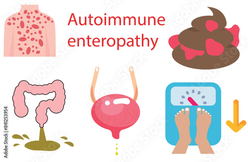 Autoimmune enteropathy, Diarrhea,gut lining, weight loss,Decreased urine output, malabsorption. blood in the stool,Skin rash,Crohn's disease, celiac disease, and ulcerative colitis,pain