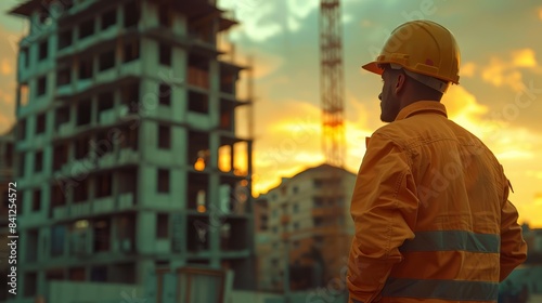Construction worker's profile blended with building site, industrious setting © FoxGrafy