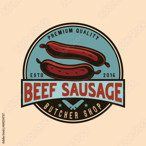 Beef sausage butchery shop red meat vintage logo