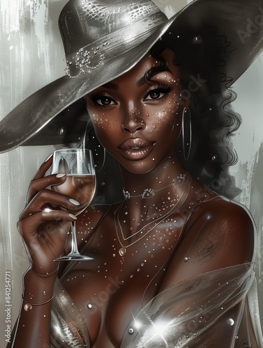 Beautiful black woman with dark skin, silver earrings and necklace, wearing a white fur coat in the style of digital art, with a winter background