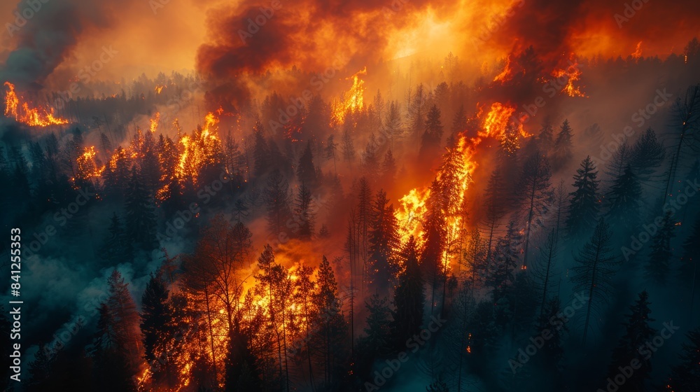 Forest burning due to wildfire. Dramatic climate crisis background. Forest burning due to wildfire. Dramatic climate crisis background.