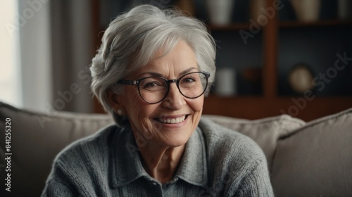 Smiling middle aged mature gray haired woman looking at camera, happy old lady in glasses posing at home indoor, positive single senior retired female sitting on sofa in living room headshot portrait