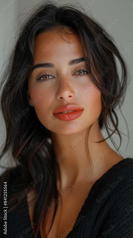 portrait of a fashion model looking at camera with eye lashes lipstick full makeup volume of hair straight face looking at camera smiling portrait of a fashion model looking at camera with eye lashes lipstick full makeup volume of hair straight face looking at camera smiling