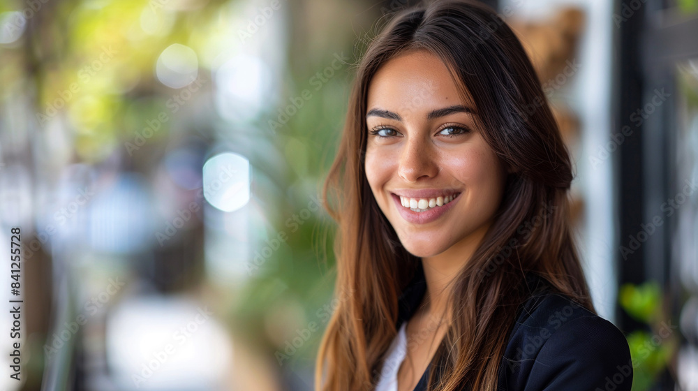 Close-up of a young successful business woman employee in the office, watching the camera. Close-up of a young successful business woman employee in the office, watching the camera.