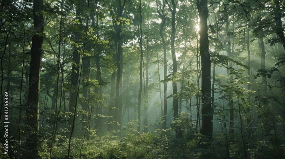 Misty forest with sun rays piercing through tall trees and lush green foliage, creating a serene and tranquil atmosphere. Misty forest with sun rays piercing through tall trees and lush green foliage, creating a serene and tranquil atmosphere.