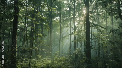 Misty forest with sun rays piercing through tall trees and lush green foliage  creating a serene and tranquil atmosphere.