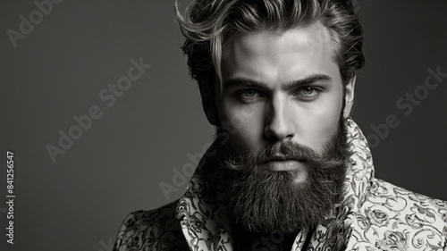 A black and white portrait of a man with a full beard and styled hair, looking directly at the camera