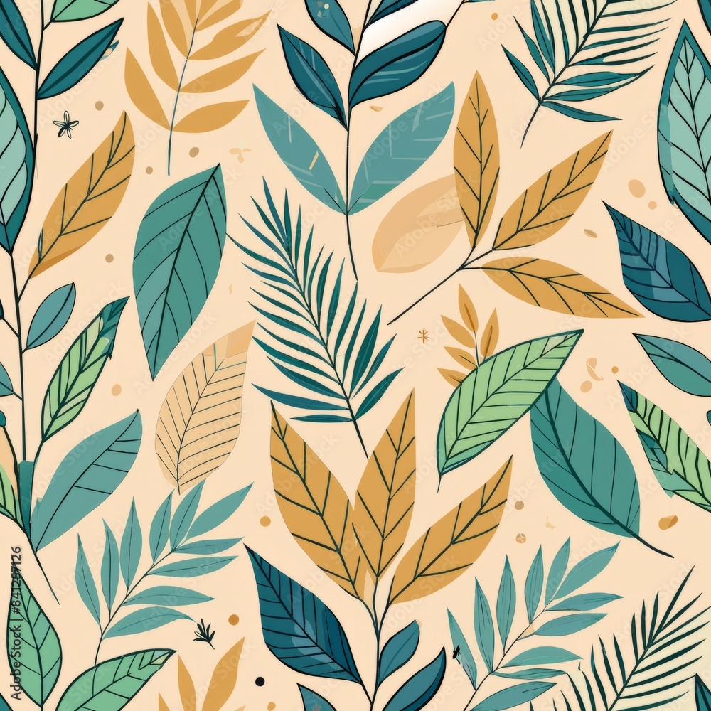 Seamless pattern of minimalistic leaves or botanical elements, drawn with thin lines and arranged sparsely to convey a sense of natural simplicity, Generative AI Seamless pattern of minimalistic leaves or botanical elements, drawn with thin lines and arranged sparsely to convey a sense of natural simplicity, Generative AI