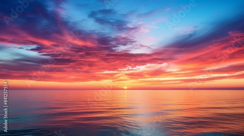 Golden Horizons Captivating Sunrise and Sunset Over the Ocean. Spectacular sunset over a calm ocean horizon with vibrant colors from above.