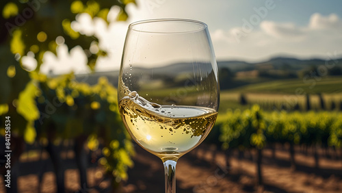 Glass with white wine on blurred nature background  vineyard and mountain landscape in sunny day. Winemaking concept  tasting  grape production. Banner with copy space.