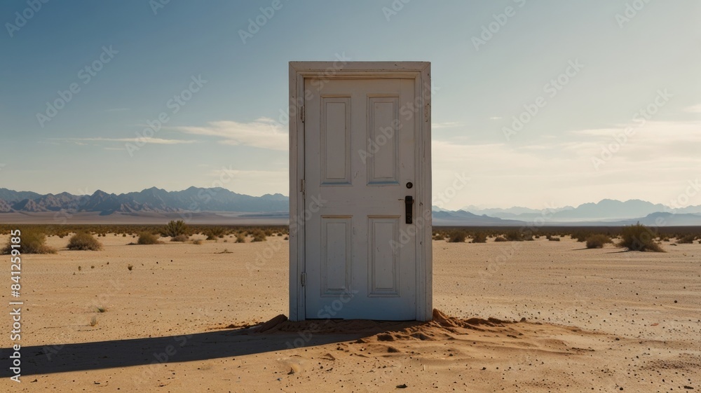 Closed white door in middle of desert