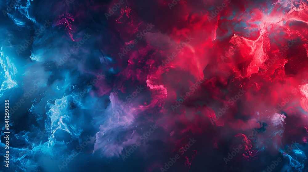 Fototapeta premium Eye-catching abstract background showcasing vibrant acid red and blue colors intertwined with whimsical smoky clouds.
