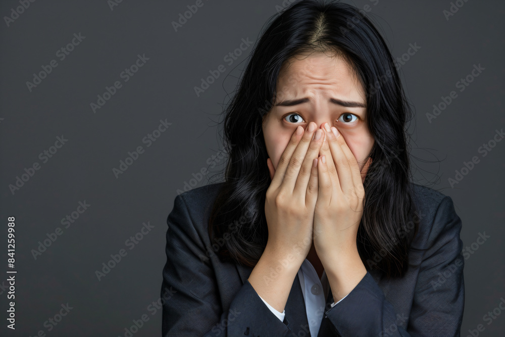 a woman covers her face with her hands a woman covers her face with her hands