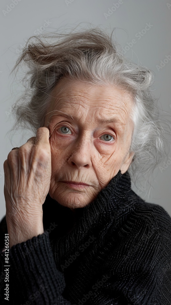 An older woman with gray hair and a black sweater An older woman with gray hair and a black sweater