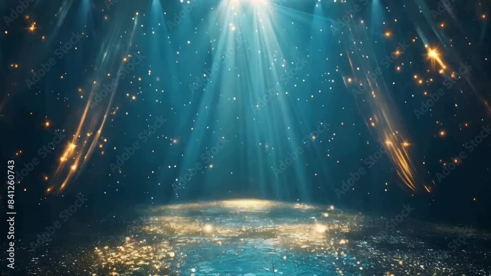 Stage opening golden stage glitter animation, spotlights and luxury blue light streak. Particle luxury for ceremony background