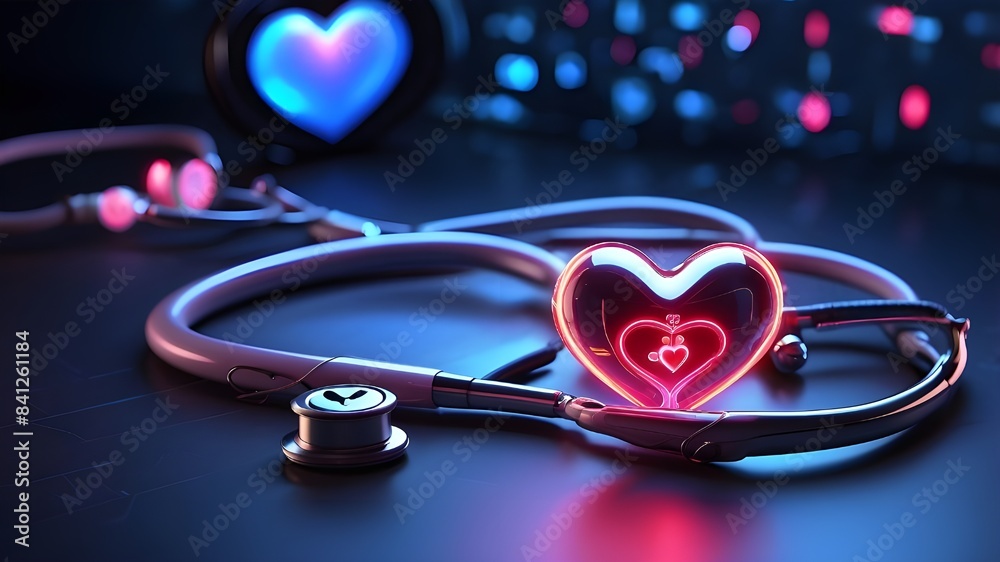 A futuristic stethoscope featuring a neon heart in a state-of-the-art medical setting, symbolizing the merging of healthcare and technology