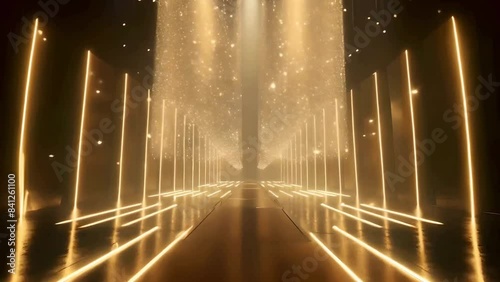 Stage opening golden stage glitter animation, spotlights and luxury gold light streak. Particle luxury for ceremony background