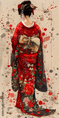 A woman wearing a red kimono with a floral pattern and a large red bow in her hair. The background is white with red and black ink stains.