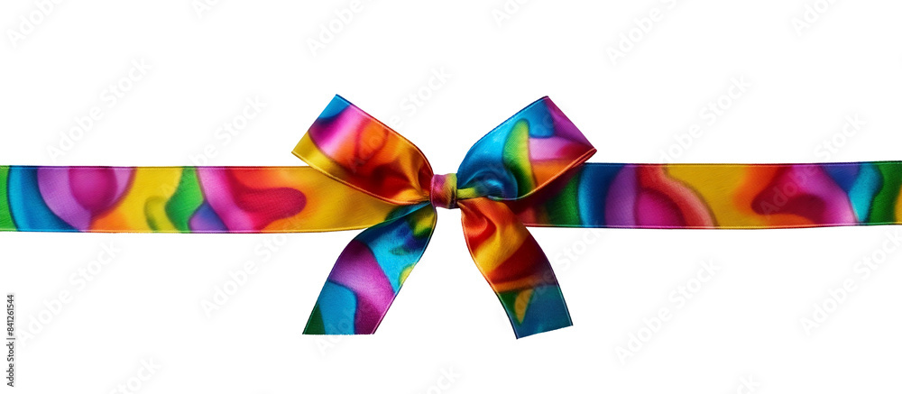 Obraz premium A colorful ribbon with a bow is displayed on a white background. Long bow for gift decoration