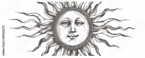 Hand drawn sun with face, decor element. Astrology symbol in vintage engraving style isolated on white background. vector simple illustration