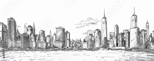 Big city silhouette hand drawn engraving style sketch. vector simple illustration